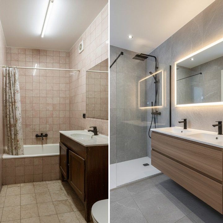 Salle de bains avant et après la rénovation, avec nouveau receveur de douche