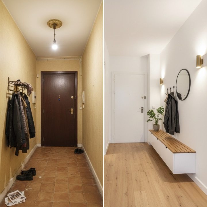 Entrée d’un logement avant et après la rénovation