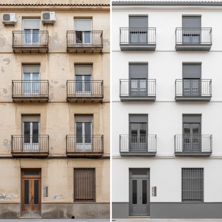 Façade d’immeuble avant et après la réhabilitation
